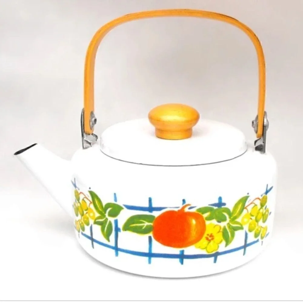 1950's Fruit Persimmon Vintage enamel‎ tea pot kettle floral cottagecore antique